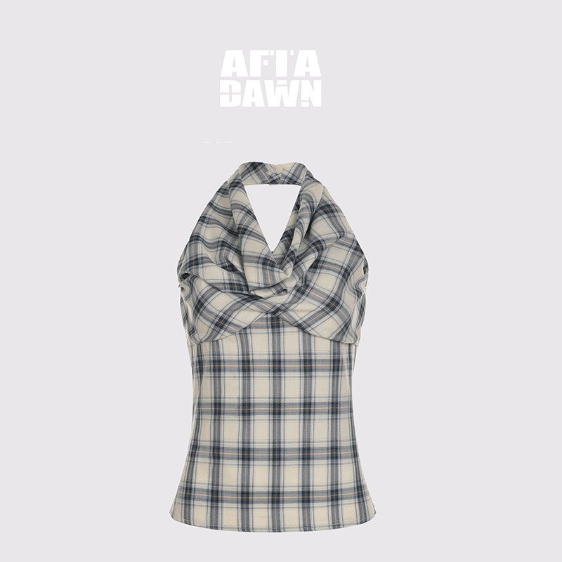 AFTADAWN_Blue_Ruched_Plaid_Tie_Front_Cinched_Waist_Women&