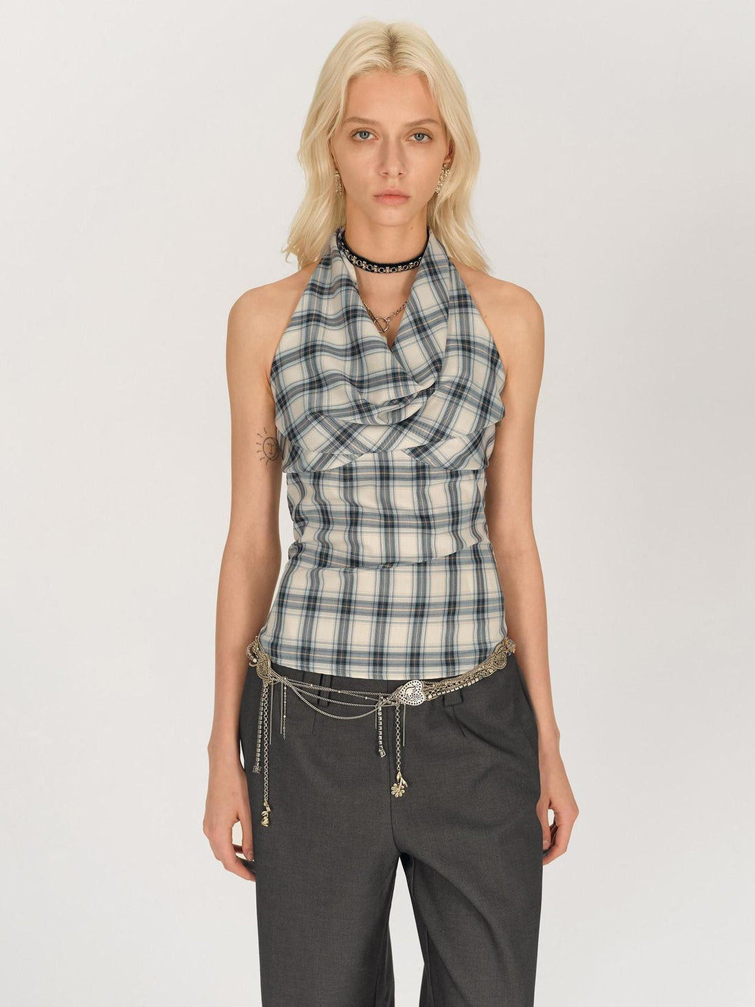 AFTADAWN Blue Ruched Plaid Tie Front Cinched Waist Women&