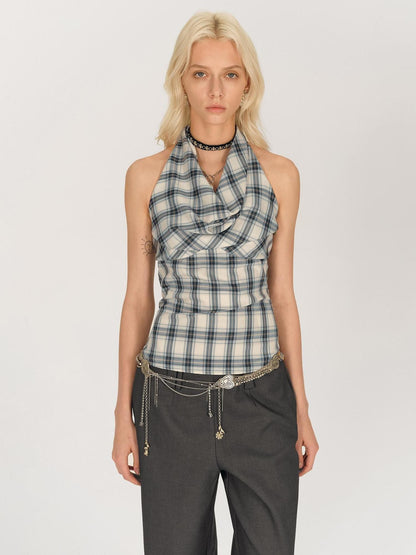AFTADAWN Blue Ruched Plaid Tie Front Cinched Waist Women&