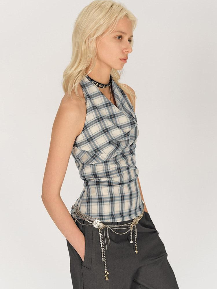 AFTADAWN Blue Ruched Plaid Tie Front Cinched Waist Women&