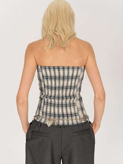 AFTADAWN Blue Ruched Plaid Tie Front Cinched Waist Women&