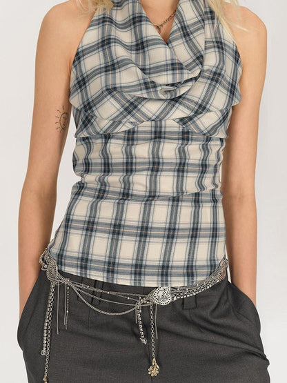 AFTADAWN Blue Ruched Plaid Tie Front Cinched Waist Women&