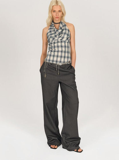 AFTADAWN Blue Ruched Plaid Tie Front Cinched Waist Women&