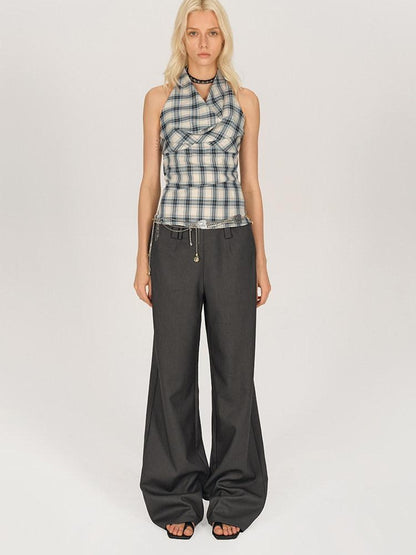 AFTADAWN Blue Ruched Plaid Tie Front Cinched Waist Women&