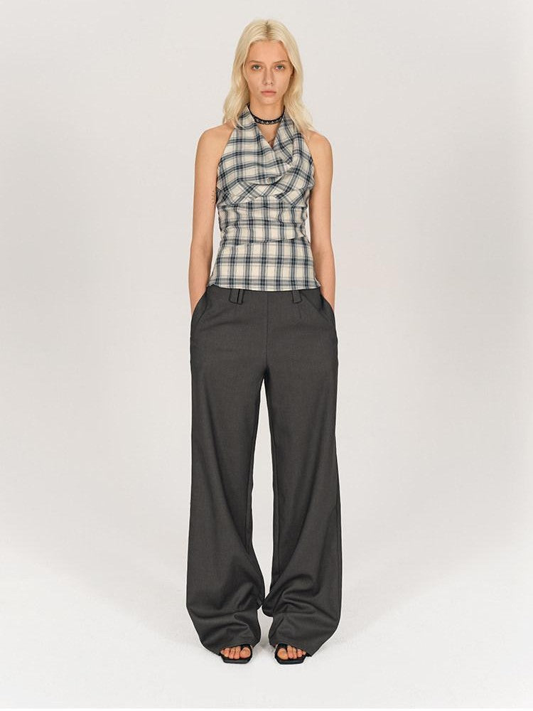 AFTADAWN Blue Ruched Plaid Tie Front Cinched Waist Women&