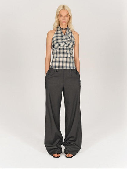 AFTADAWN Blue Ruched Plaid Tie Front Cinched Waist Women&