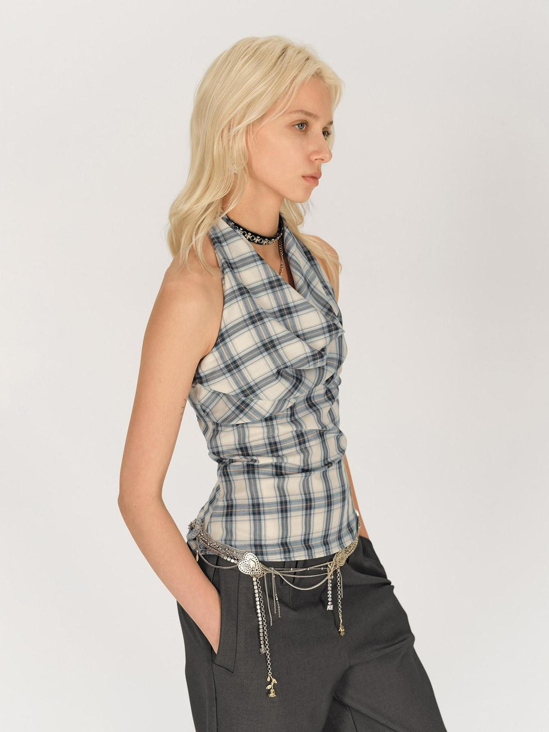 AFTADAWN Blue Ruched Plaid Tie Front Cinched Waist Women&