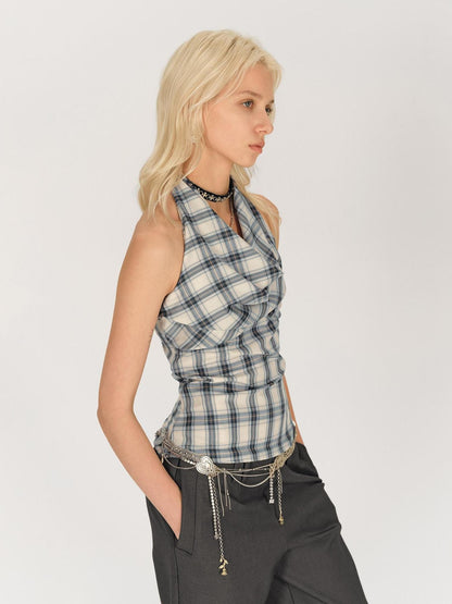 AFTADAWN Blue Ruched Plaid Tie Front Cinched Waist Women&