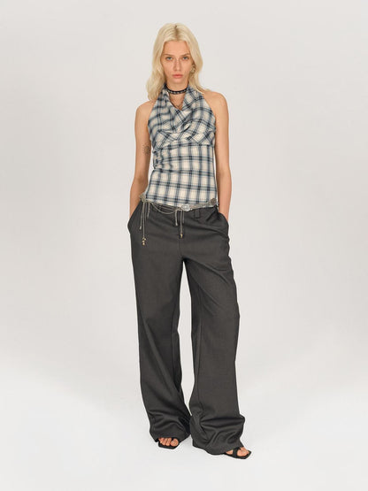 AFTADAWN Blue Ruched Plaid Tie Front Cinched Waist Women&