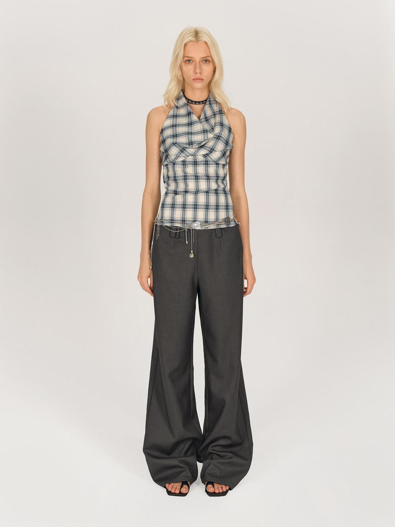 AFTADAWN Blue Ruched Plaid Tie Front Cinched Waist Women&