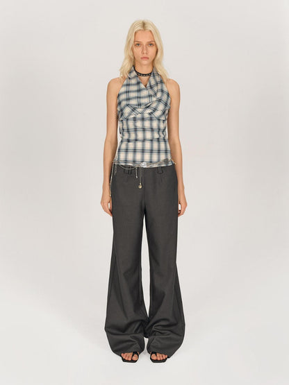 AFTADAWN Blue Ruched Plaid Tie Front Cinched Waist Women&
