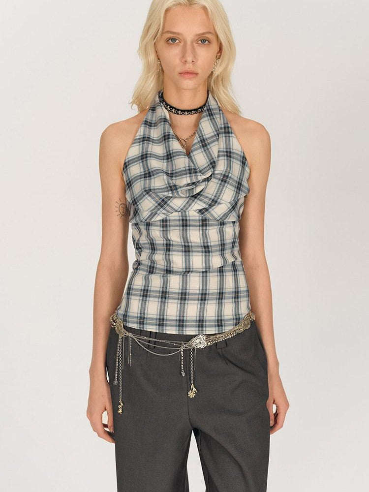 AFTADAWN Blue Ruched Plaid Tie Front Cinched Waist Women&