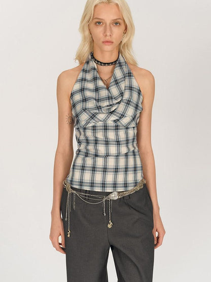 AFTADAWN Blue Ruched Plaid Tie Front Cinched Waist Women&