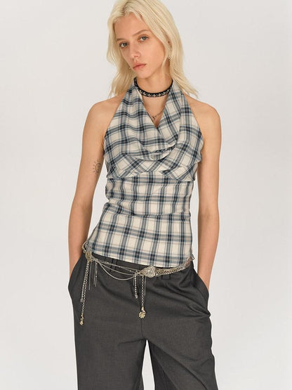 AFTADAWN Blue Ruched Plaid Tie Front Cinched Waist Women&