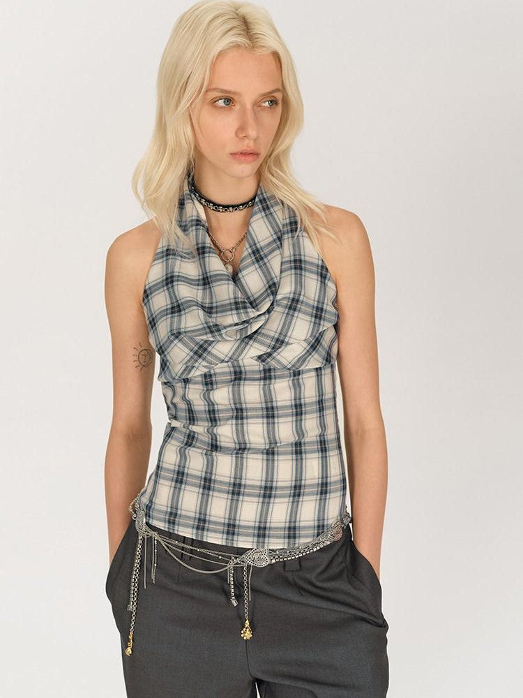 AFTADAWN Blue Ruched Plaid Tie Front Cinched Waist Women&