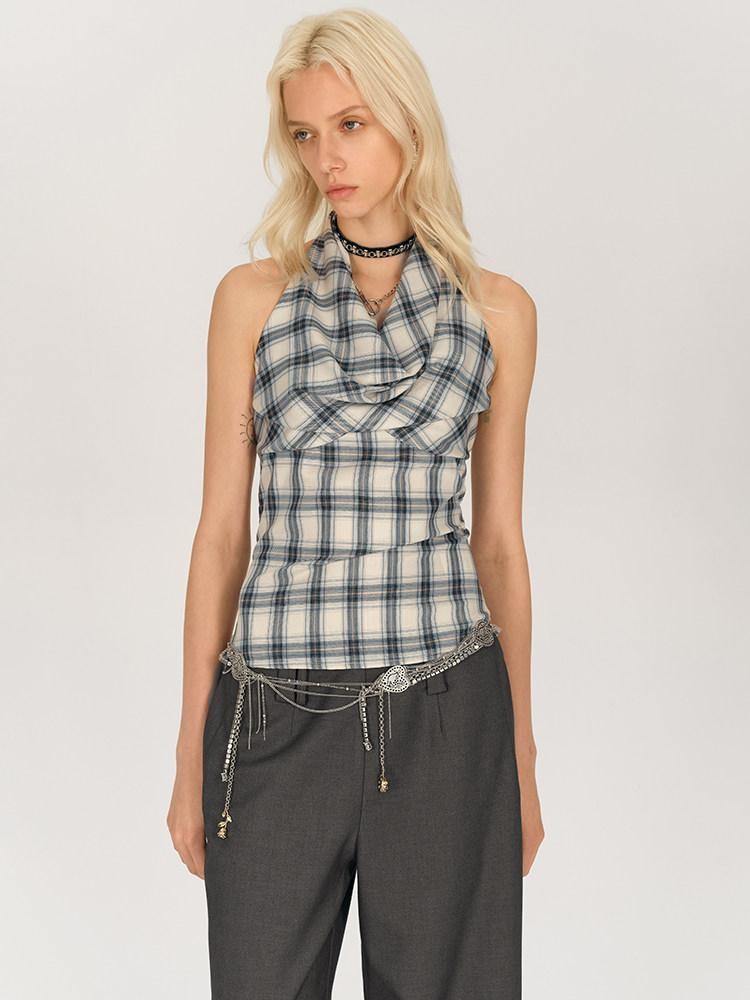 AFTADAWN Blue Ruched Plaid Tie Front Cinched Waist Women&