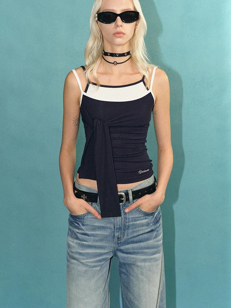 AFTADAWN Blue Spliced Faux Two Piece Tie Knit Formfitting Women&