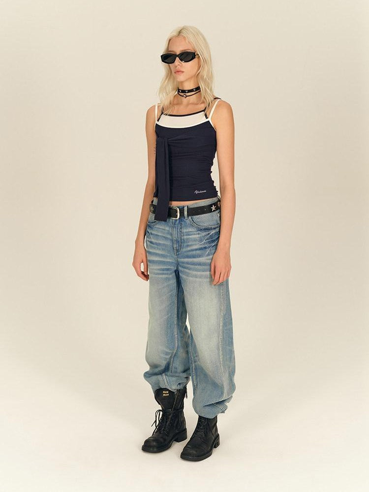 AFTADAWN Blue Spliced Faux Two Piece Tie Knit Formfitting Women&
