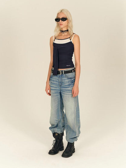 AFTADAWN Blue Spliced Faux Two Piece Tie Knit Formfitting Women&