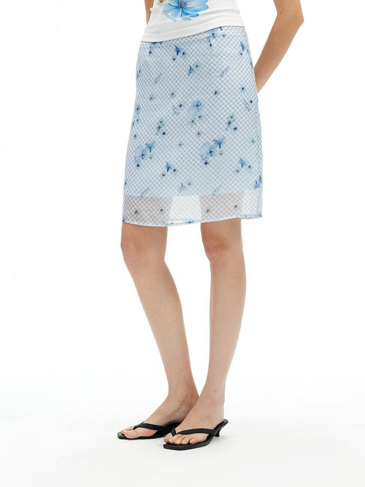AFTADAWN Blue Tencel Mesh Plaid Floral High Waist Tailored Pencil Women&