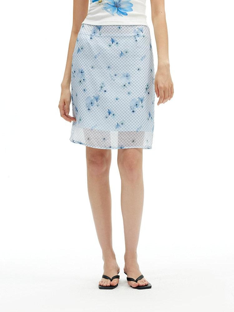 AFTADAWN Blue Tencel Mesh Plaid Floral High Waist Tailored Pencil Women&
