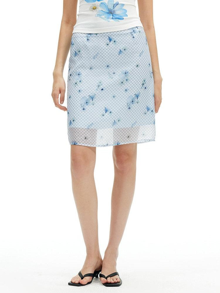 AFTADAWN Blue Tencel Mesh Plaid Floral High Waist Tailored Pencil Women&