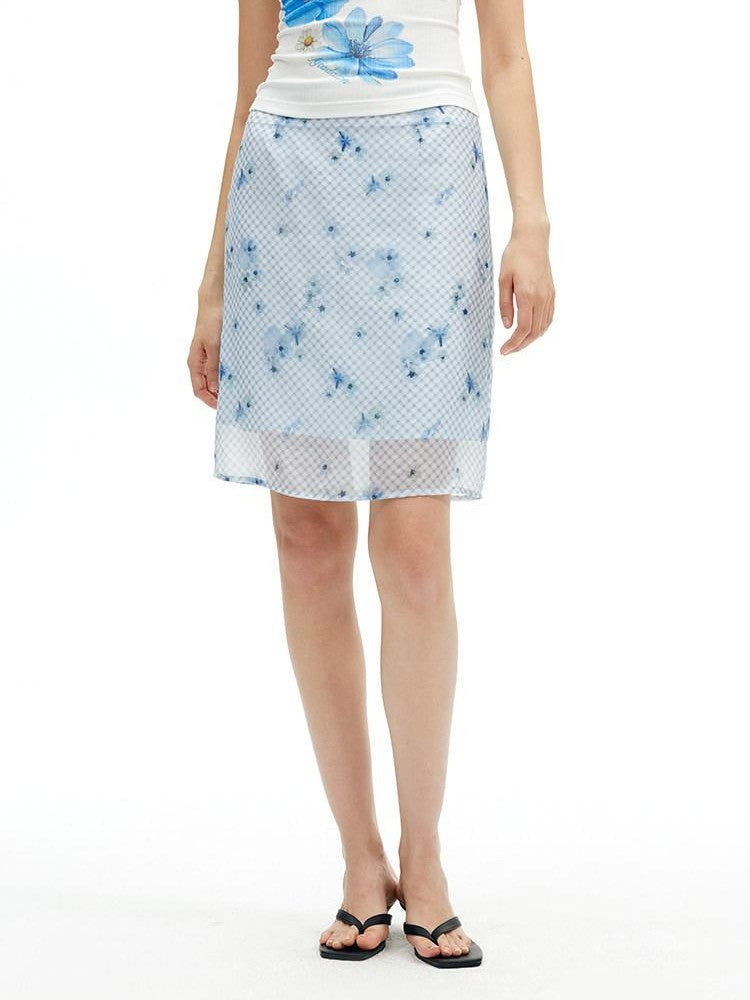 AFTADAWN Blue Tencel Mesh Plaid Floral High Waist Tailored Pencil Women&
