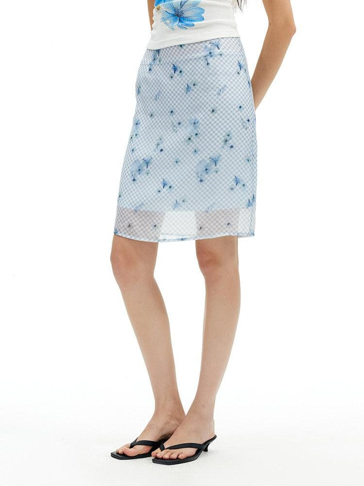 AFTADAWN Blue Tencel Mesh Plaid Floral High Waist Tailored Pencil Women&