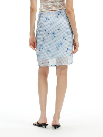 AFTADAWN Blue Tencel Mesh Plaid Floral High Waist Tailored Pencil Women&