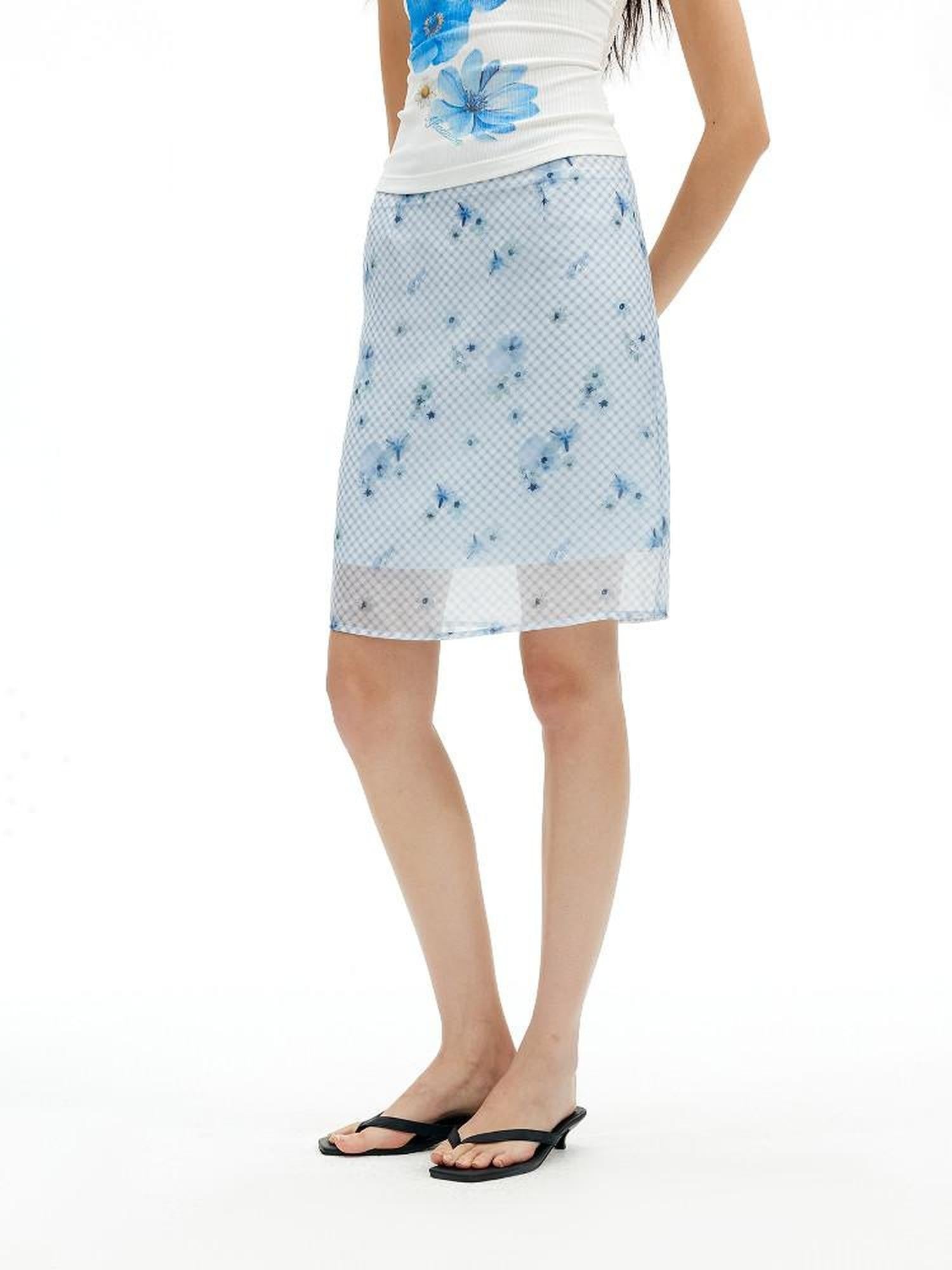 AFTADAWN Blue Tencel Mesh Plaid Floral High Waist Tailored Pencil Women&