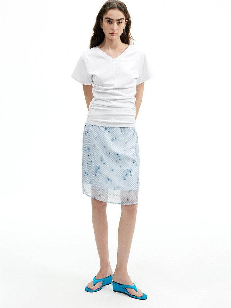 AFTADAWN Blue Tencel Mesh Plaid Floral High Waist Tailored Pencil Women&