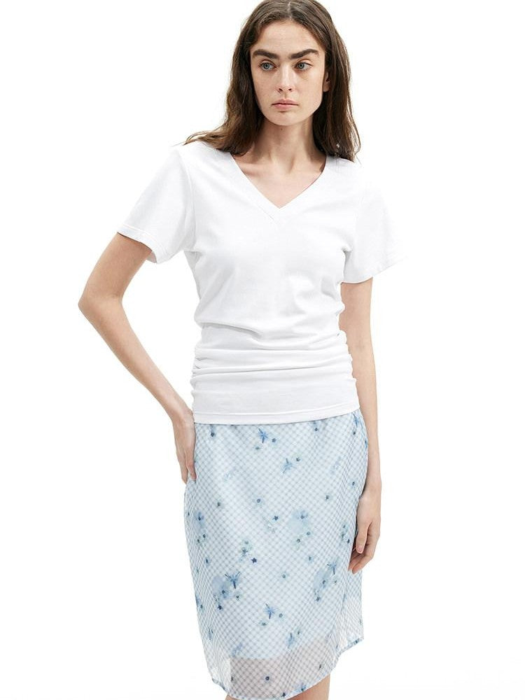 AFTADAWN Blue Tencel Mesh Plaid Floral High Waist Tailored Pencil Women&