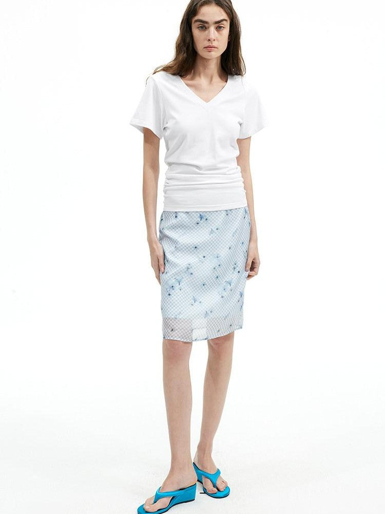 AFTADAWN Blue Tencel Mesh Plaid Floral High Waist Tailored Pencil Women&