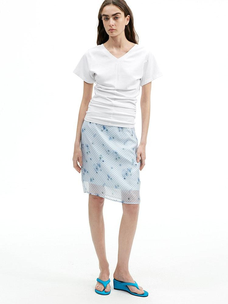 AFTADAWN Blue Tencel Mesh Plaid Floral High Waist Tailored Pencil Women&