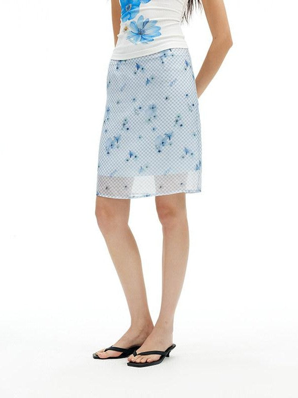AFTADAWN Blue Tencel Mesh Plaid Floral High Waist Tailored Pencil Women&