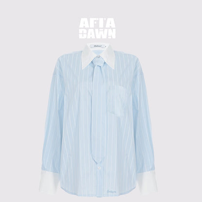 AFTADAWN_Blue_White_Striped_Contrast_Polo_Collar_Button_Down_Women&