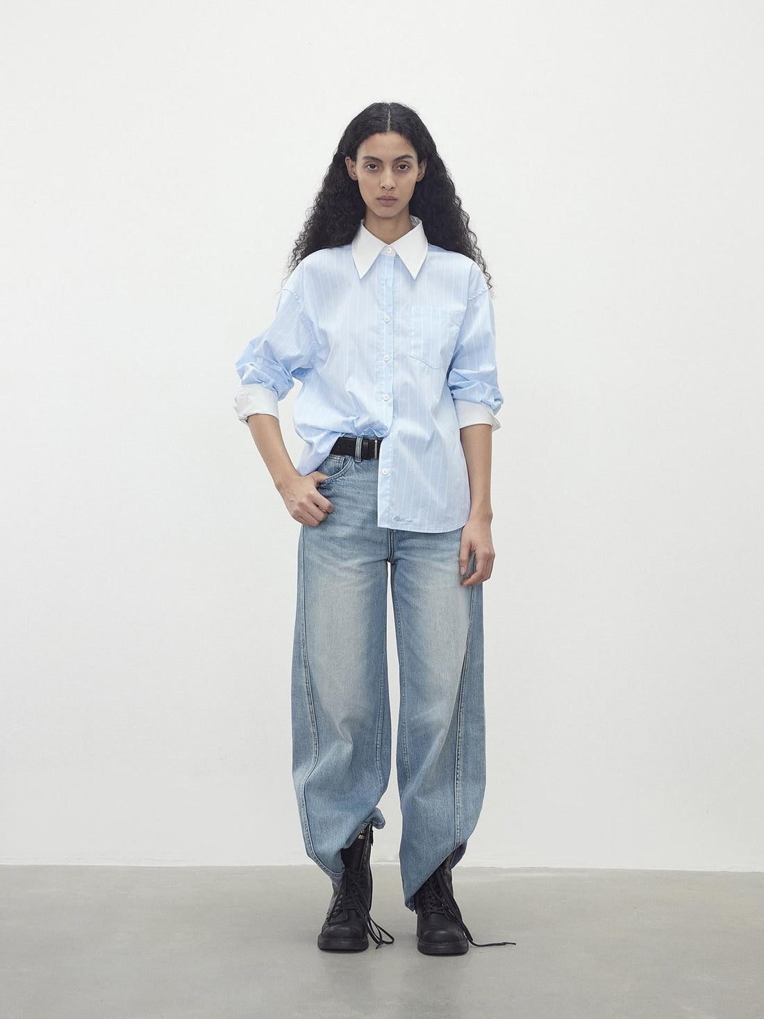 AFTADAWN Blue White Striped Contrast Polo Collar Button Down Women&
