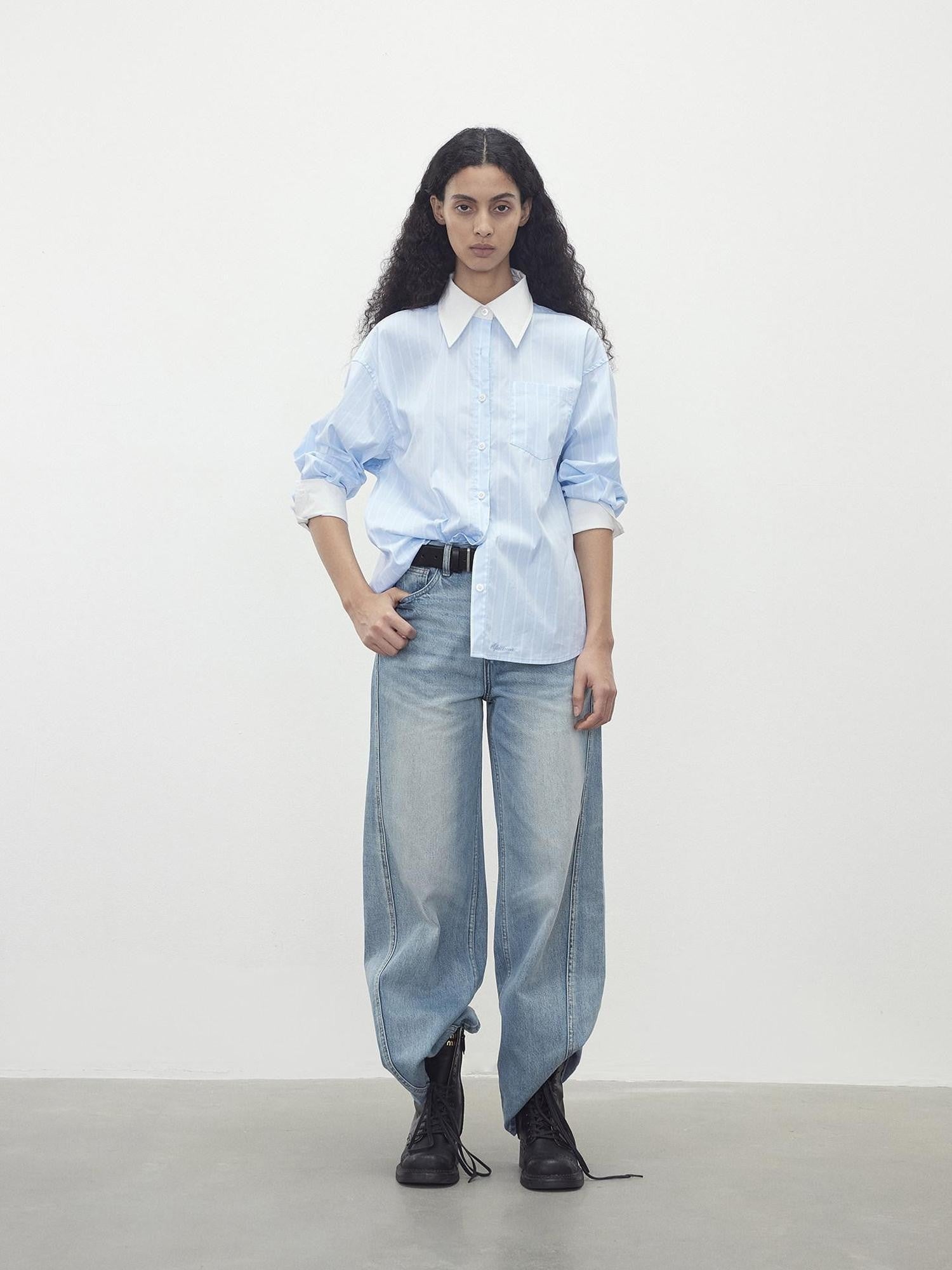 AFTADAWN Blue White Striped Contrast Polo Collar Button Down Women&