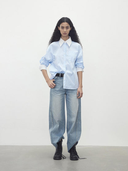AFTADAWN Blue White Striped Contrast Polo Collar Button Down Women&