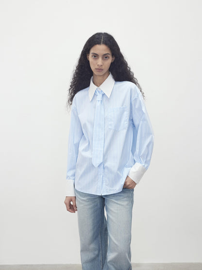 AFTADAWN Blue White Striped Contrast Polo Collar Button Down Women&