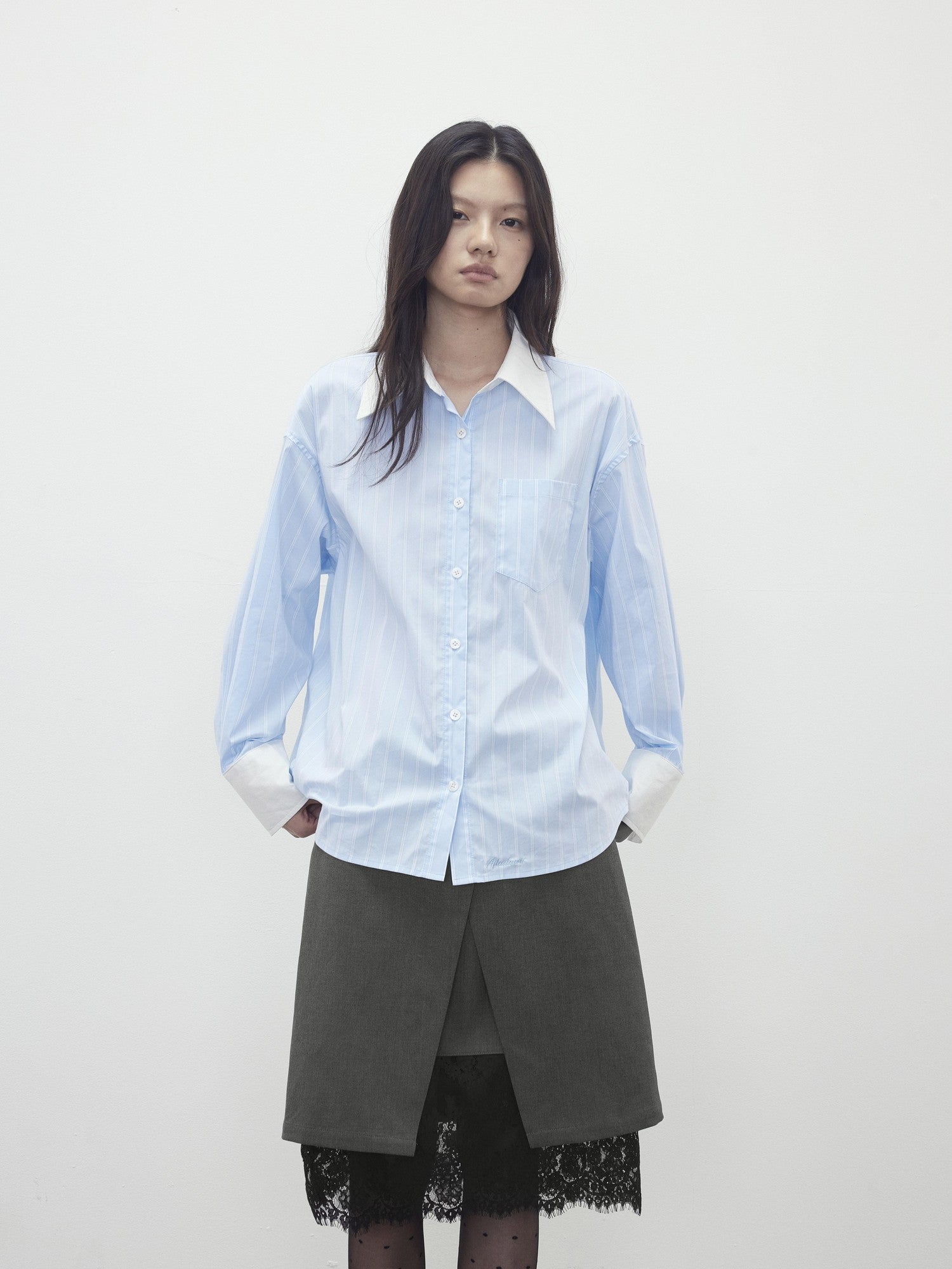 AFTADAWN Blue White Striped Contrast Polo Collar Button Down Women&