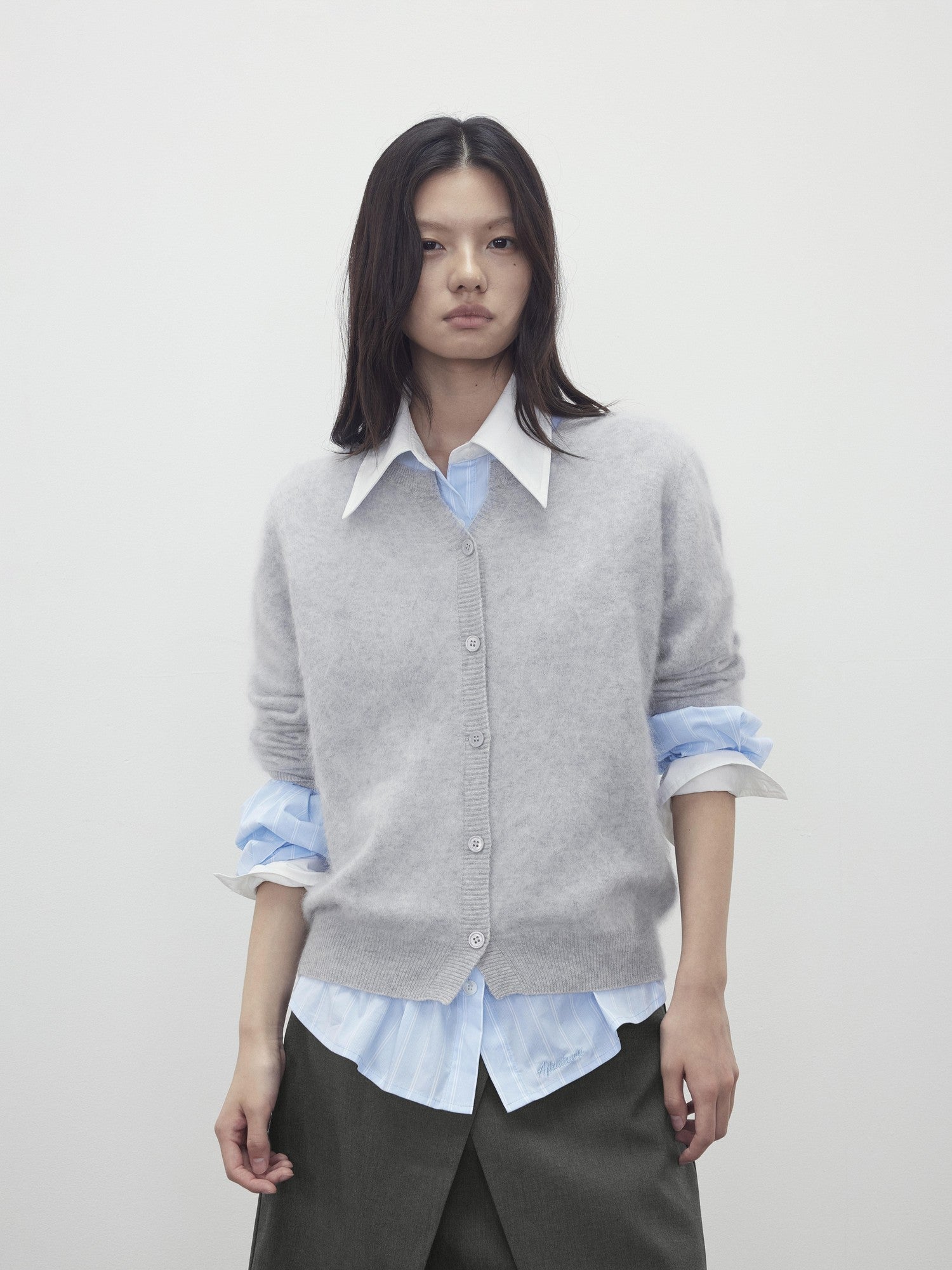 AFTADAWN Blue White Striped Contrast Polo Collar Button Down Women&