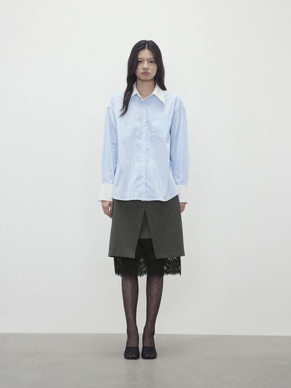 AFTADAWN Blue White Striped Contrast Polo Collar Button Down Women&