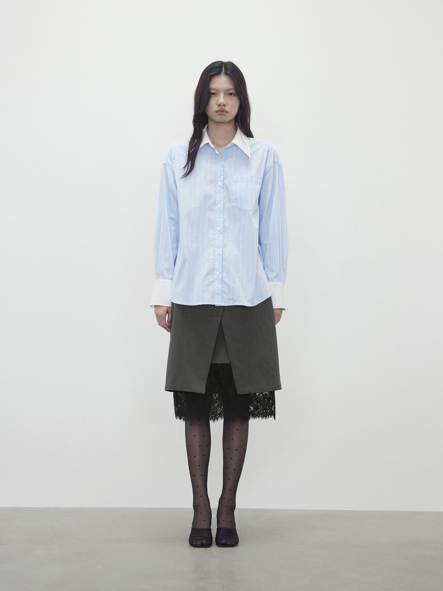 AFTADAWN Blue White Striped Contrast Polo Collar Button Down Women&