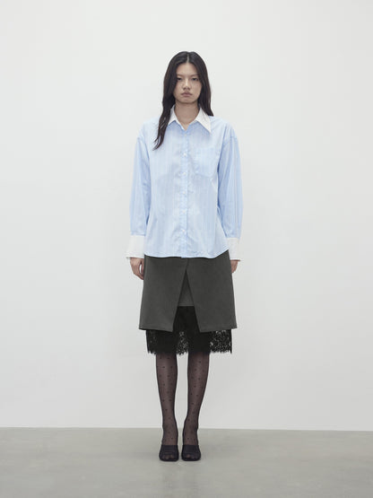 AFTADAWN Blue White Striped Contrast Polo Collar Button Down Women&