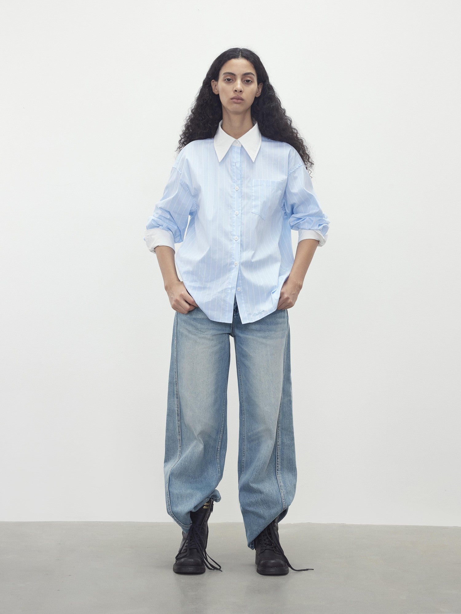 AFTADAWN Blue White Striped Contrast Polo Collar Button Down Women&