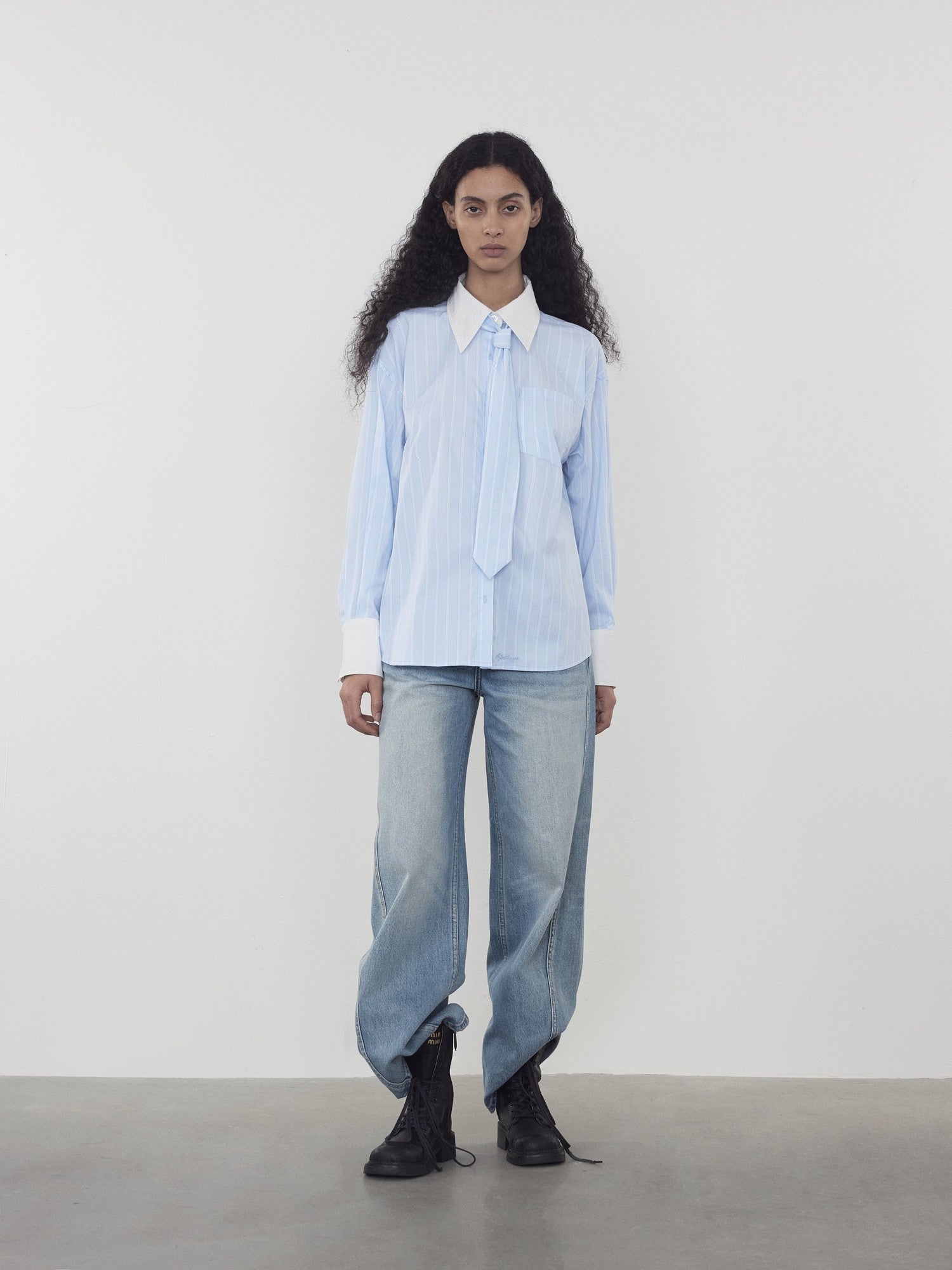 AFTADAWN Blue White Striped Contrast Polo Collar Button Down Women&