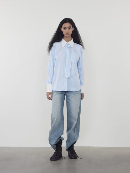AFTADAWN Blue White Striped Contrast Polo Collar Button Down Women&