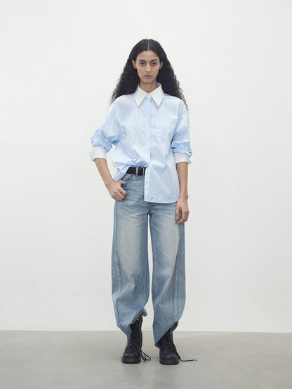 AFTADAWN Blue White Striped Contrast Polo Collar Button Down Women&