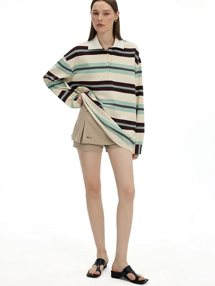 AFTADAWN Boxy Patchwork Colorblock Stripe Polo Women&